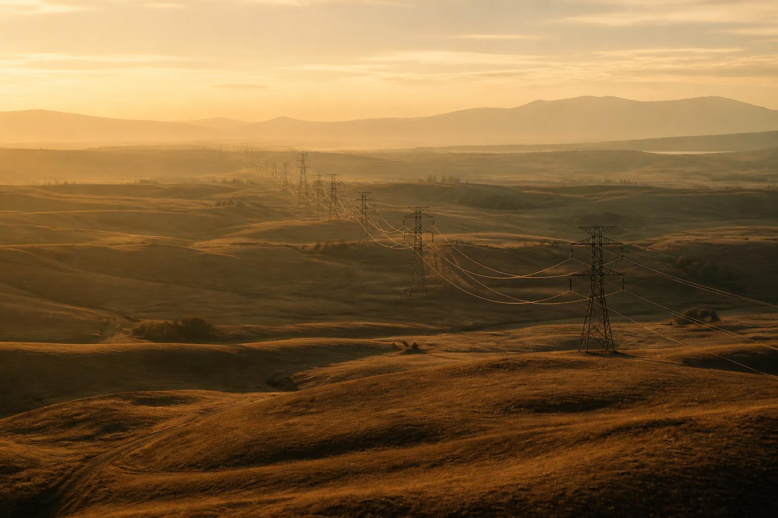 Transmission lines crossing rolling American land at golden hour