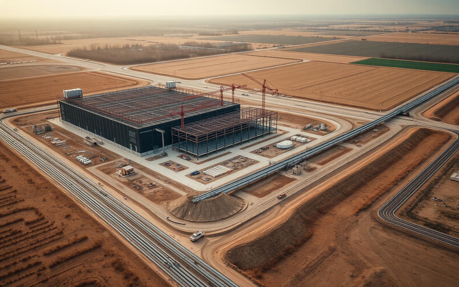 Aerial view of a hyperscale data center under construction in rural land