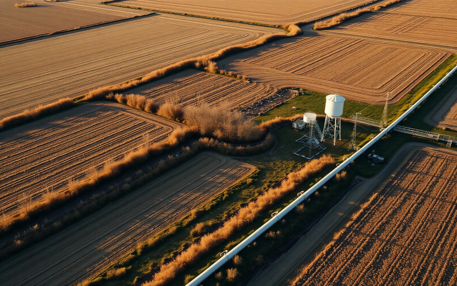 Aerial view of a natural gas pipeline crossing farmland near a water tower
