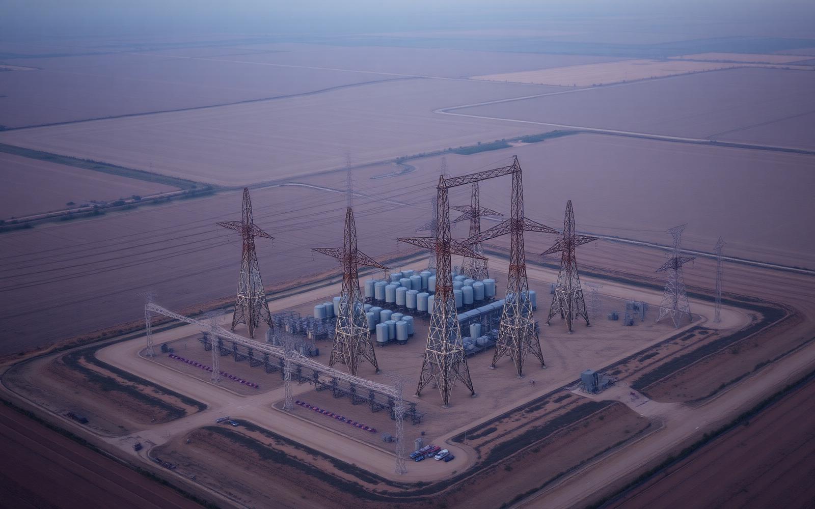 Aerial view of an electrical substation with transmission towers