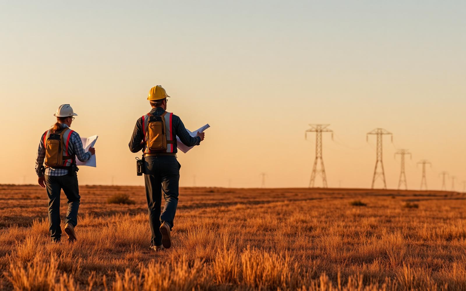 Surveyors walking land toward transmission towers at sunset
